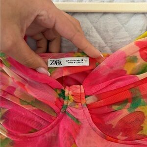 ZARA Pink and Red Floral Mesh Bustier Top